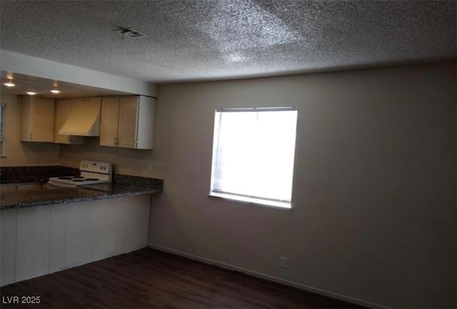 4451 Rich Dr Unit D, Las Vegas, NV 89102 - kitchen with electric stove, exhaust hood, dark wood-type flooring, a textured ceiling, and a peninsula