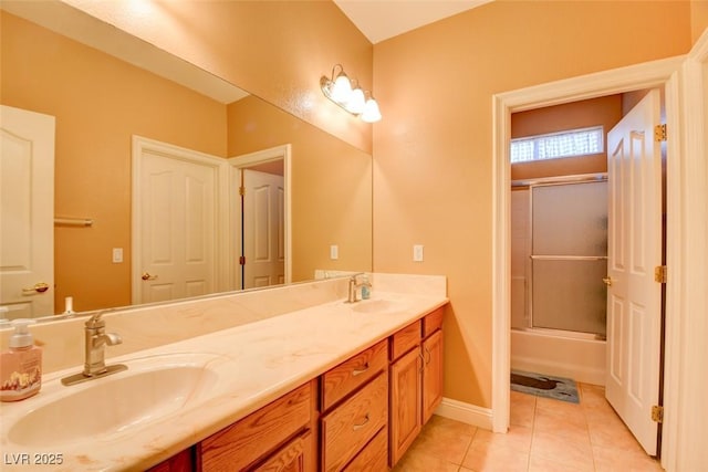 98 Milicity Rd, Henderson, NV 89012 - bathroom featuring tile patterned flooring, double vanity, and bath / shower combo with glass door
