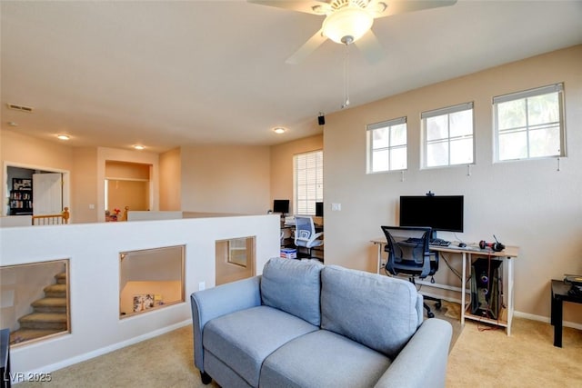 98 Milicity Rd, Henderson, NV 89012 - living room featuring light carpet, a desk, ceiling fan, and recessed lighting