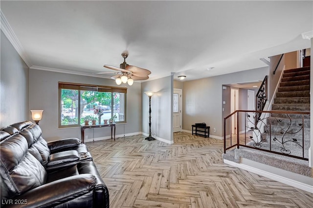 902 Dianne Dr, Boulder City, NV 89005 - living area with stairs, ceiling fan, and crown molding