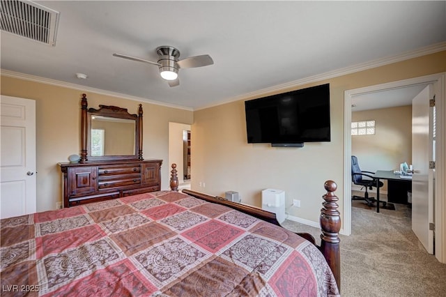 902 Dianne Dr, Boulder City, NV 89005 - bedroom with a desk, carpet, ornamental molding, and a ceiling fan