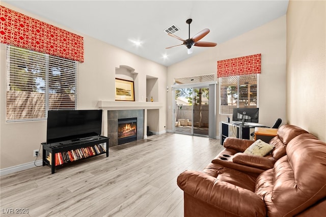 9733 Northern Dancer Dr, Las Vegas, NV 89117 - living area with ceiling fan, wood finished floors, a tiled fireplace, lofted ceiling, and an office area