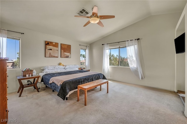 8421 Cheerful Brook Ave, Las Vegas, NV 89143 - bedroom with vaulted ceiling, light colored carpet, and a ceiling fan
