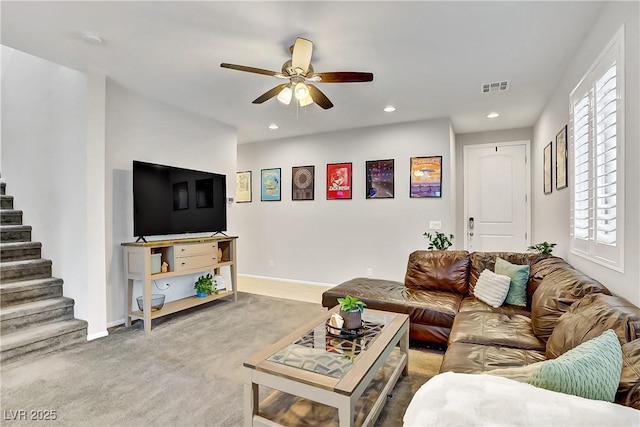 1113 Fragrant Cactus Ct, North Las Vegas, NV 89031 - living room with stairs, ceiling fan, recessed lighting, and carpet flooring