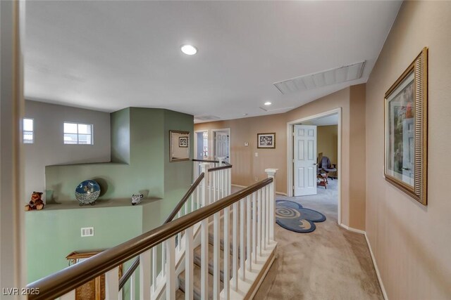 8914 Termoli St, Las Vegas, NV 89123 - hall featuring an upstairs landing, light carpet, and recessed lighting