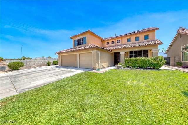 8914 Termoli St, Las Vegas, NV 89123 - mediterranean / spanish house with stucco siding, driveway, an attached garage, a tiled roof, and roof mounted solar panels