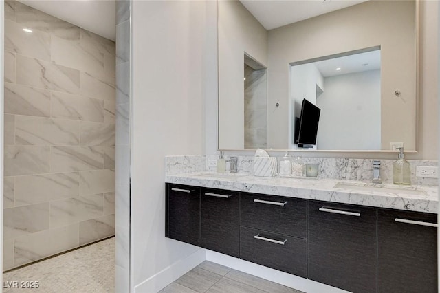 527 Serenity Point Dr, Henderson, NV 89012 - bathroom featuring double vanity, walk in shower, and tile patterned floors