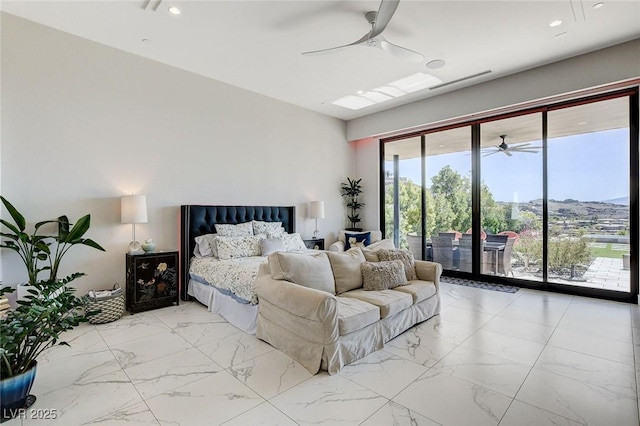 527 Serenity Point Dr, Henderson, NV 89012 - bedroom featuring access to outside, light marble finish floors, and a ceiling fan
