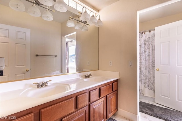 11005 Inverlochy Ct, Las Vegas, NV 89141 - full bathroom with double vanity, marble finish floors, and a shower with shower curtain
