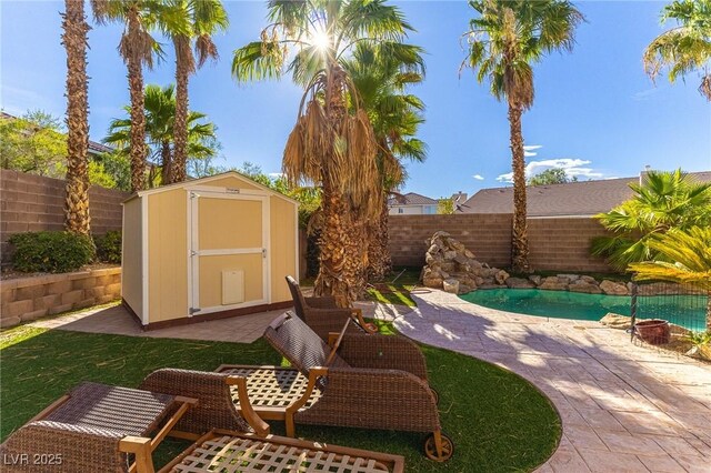 11005 Inverlochy Ct, Las Vegas, NV 89141 - fenced backyard featuring a storage unit and a patio