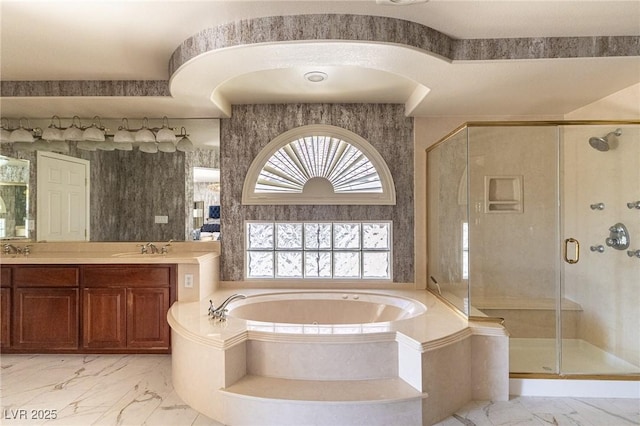 11005 Inverlochy Ct, Las Vegas, NV 89141 - full bath with marble finish floors, a bath, a stall shower, and double vanity