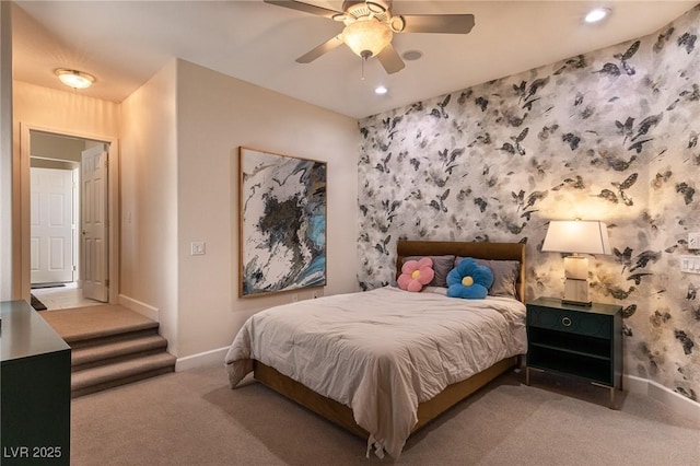 11005 Inverlochy Ct, Las Vegas, NV 89141 - carpeted bedroom with wallpapered walls, recessed lighting, and ceiling fan