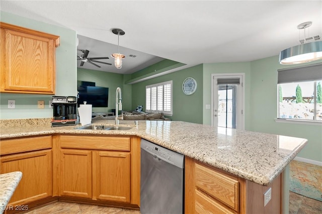 231 Bristle Cone, Pahrump, NV 89048 - kitchen featuring stainless steel dishwasher, a ceiling fan, open floor plan, light stone countertops, and decorative light fixtures