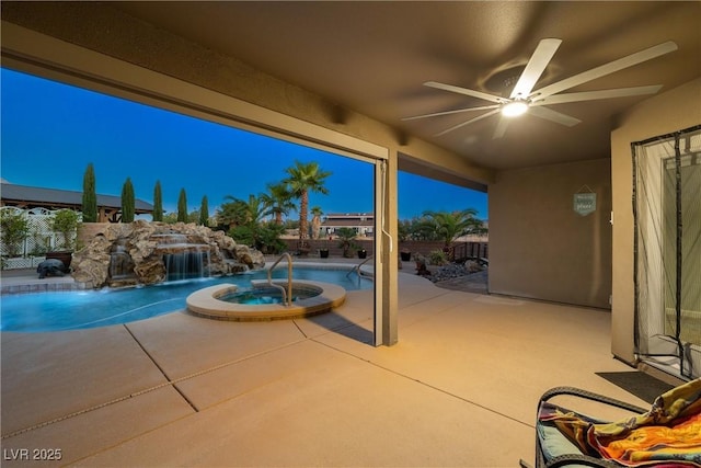 231 Bristle Cone, Pahrump, NV 89048 - fenced backyard with a ceiling fan, a patio area, and a pool with connected hot tub
