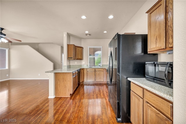 3757 Via Geneva, Henderson, NV 89052 - kitchen with black appliances, a peninsula, dark wood finished floors, ceiling fan, and recessed lighting