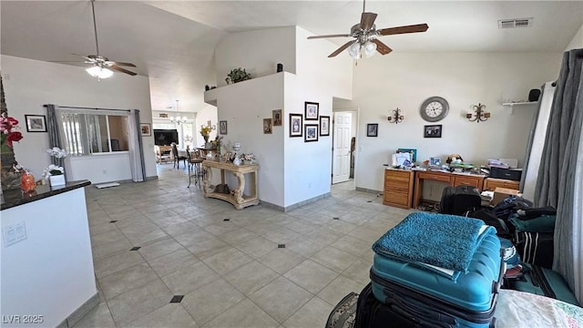4910 Marywood Ct, Pahrump, NV 89061 - living area featuring ceiling fan, high vaulted ceiling, a desk, and a chandelier