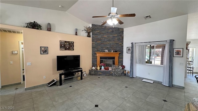 4910 Marywood Ct, Pahrump, NV 89061 - living room featuring ceiling fan, a fireplace, and high vaulted ceiling