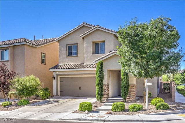 9113 Sea Mink Ave, Las Vegas, NV 89149 - view of front of house featuring stucco siding, a tile roof, a garage, driveway, and stone siding