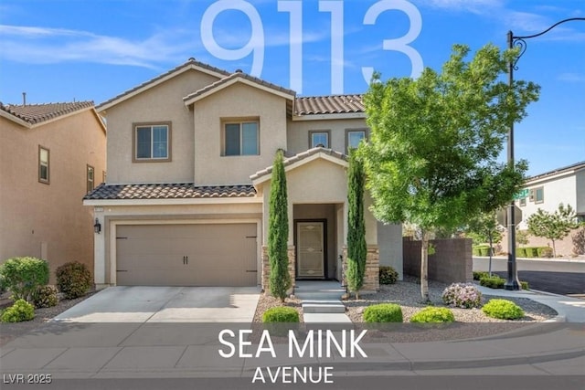 9113 Sea Mink Ave, Las Vegas, NV 89149 - view of property with a tile roof, stucco siding, concrete driveway, a garage, and stone siding