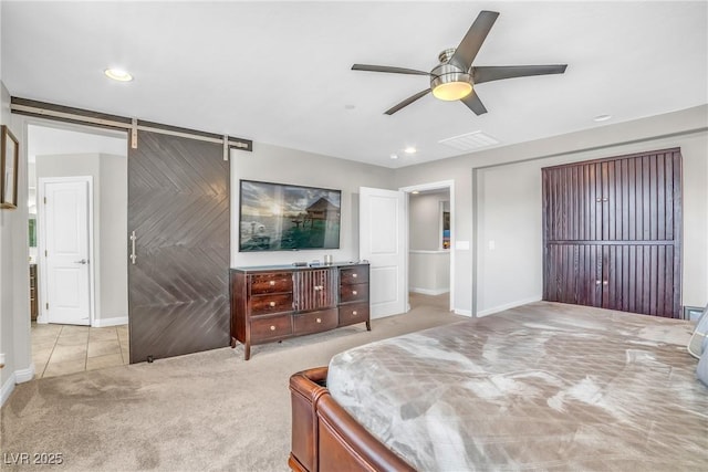 2154 Tortona St, Henderson, NV 89044 - bedroom featuring carpet flooring, ceiling fan, and a barn door