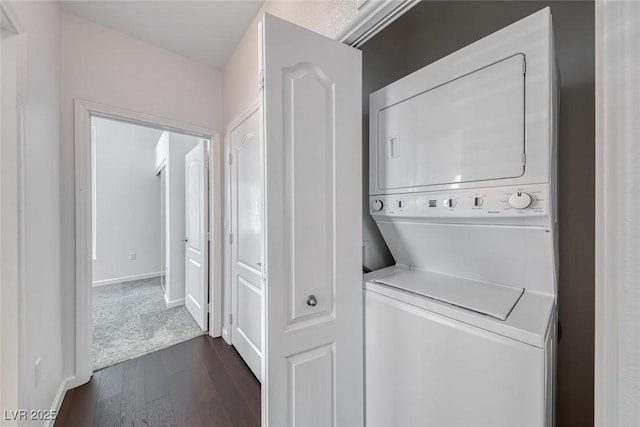 8805 Jeffreys St Unit 1048, Las Vegas, NV 89123 - laundry room featuring stacked washing machine and dryer and dark wood-style floors