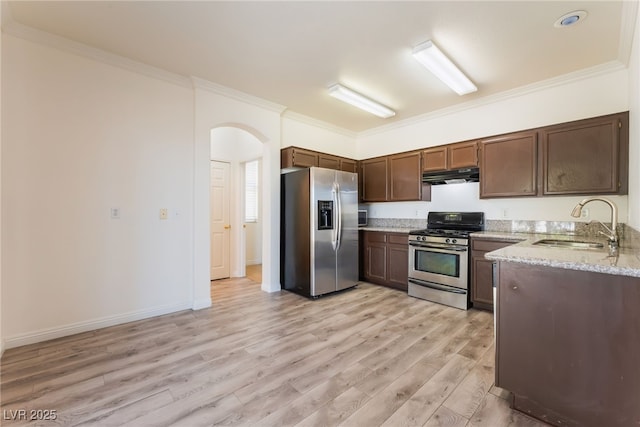 2400 Dutchmans Pipe Ct, Las Vegas, NV 89106 - kitchen with stainless steel appliances, under cabinet range hood, ornamental molding, light wood-type flooring, and light stone counters
