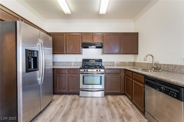 2400 Dutchmans Pipe Ct, Las Vegas, NV 89106 - kitchen with stainless steel appliances, under cabinet range hood, crown molding, and light wood-type flooring