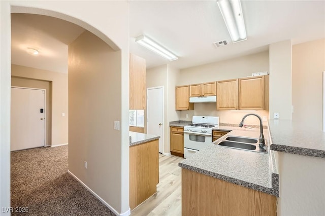 8842 Duncan Barrel Ave Unit 103, Las Vegas, NV 89178 - kitchen with white gas stove, under cabinet range hood, arched walkways, light brown cabinetry, and a peninsula