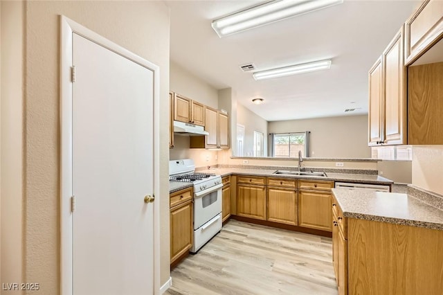 8842 Duncan Barrel Ave Unit 103, Las Vegas, NV 89178 - kitchen featuring white gas range, under cabinet range hood, and light wood-type flooring