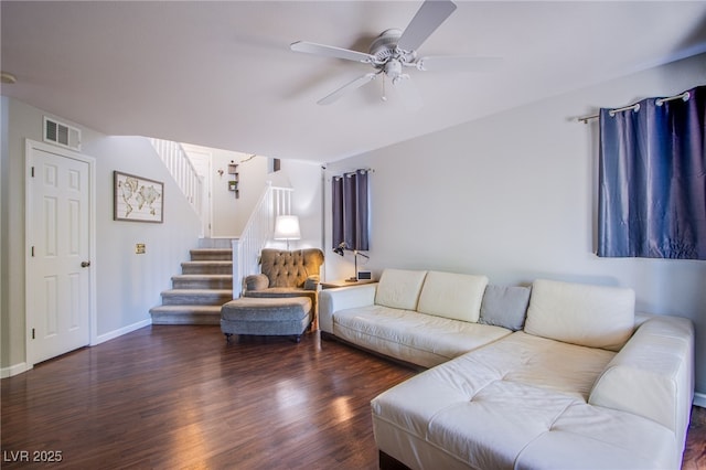 1844 Ghost Trace Ave, Las Vegas, NV 89183 - living room featuring ceiling fan, stairway, and wood finished floors