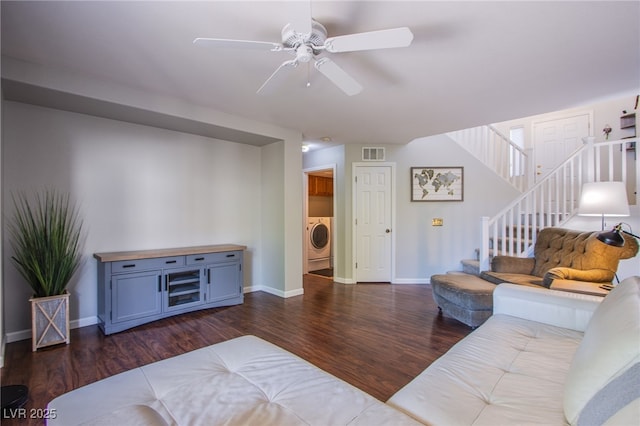 1844 Ghost Trace Ave, Las Vegas, NV 89183 - living room featuring washer / clothes dryer, dark wood finished floors, stairway, and a ceiling fan