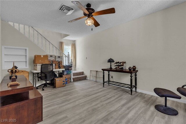 909 Biljac St, Las Vegas, NV 89145 - office area with wood finished floors, a textured ceiling, ceiling fan, and built in features
