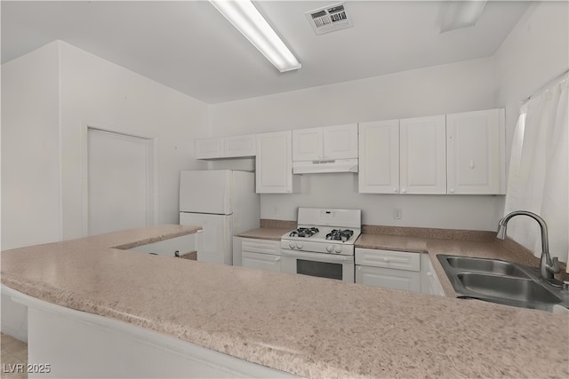 8843 Tomnitz Ave Unit 102, Las Vegas, NV 89178 - kitchen featuring white appliances, under cabinet range hood, white cabinets, and light countertops