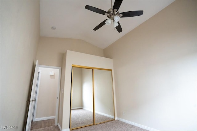 904 Swift Bear St, Henderson, NV 89002 - unfurnished bedroom featuring a closet, vaulted ceiling, carpet flooring, and ceiling fan