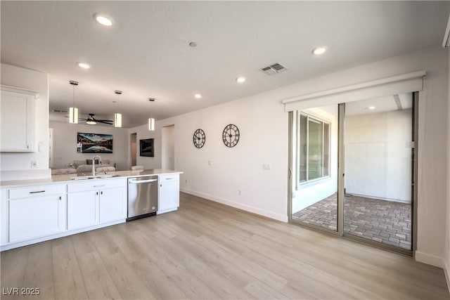 187 Palm Fox Ct, Henderson, NV 89011 - kitchen featuring stainless steel dishwasher, a peninsula, white cabinetry, ceiling fan, and recessed lighting