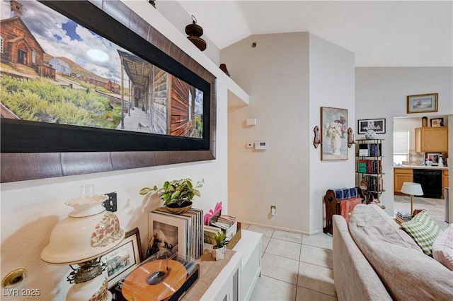 6009 Flowering Plum Ave, Las Vegas, NV 89142 - living area with light tile patterned flooring and high vaulted ceiling