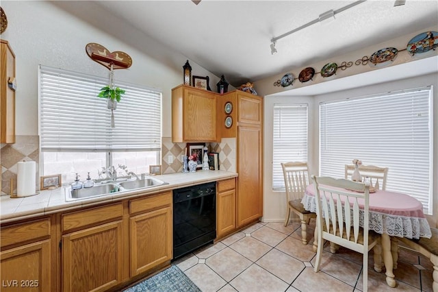 6009 Flowering Plum Ave, Las Vegas, NV 89142 - kitchen featuring black dishwasher, decorative backsplash, lofted ceiling, light tile patterned flooring, and rail lighting