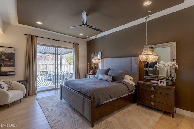 975 Amara Way, Henderson, NV 89052 - bedroom featuring access to outside, light wood-style flooring, recessed lighting, and ceiling fan