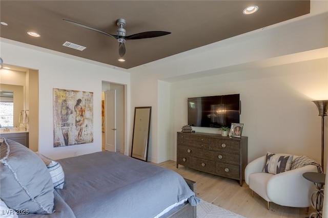 975 Amara Way, Henderson, NV 89052 - bedroom featuring light wood-type flooring, recessed lighting, a ceiling fan, and ensuite bath