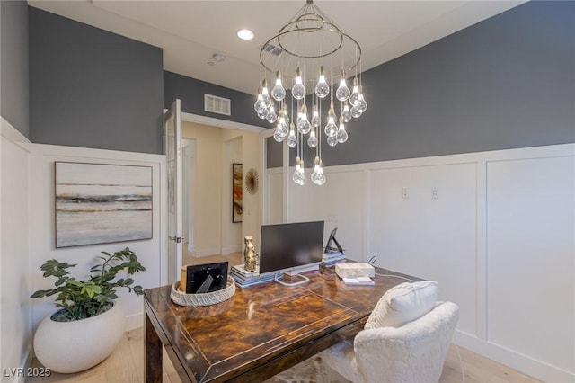 975 Amara Way, Henderson, NV 89052 - home office featuring a decorative wall, a chandelier, a wainscoted wall, and recessed lighting