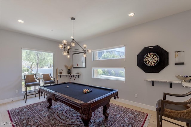 975 Amara Way, Henderson, NV 89052 - rec room with healthy amount of natural light, light wood-style flooring, billiards, a chandelier, and recessed lighting
