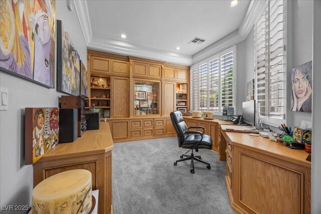 108 Valiente St, Las Vegas, NV 89144 - office with light colored carpet, built in desk, crown molding, and recessed lighting