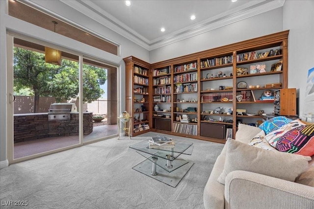 108 Valiente St, Las Vegas, NV 89144 - living area with crown molding, carpet, recessed lighting, and built in features