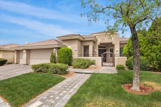 108 Valiente St, Las Vegas, NV 89144 - prairie-style house with a gate, stucco siding, an attached garage, and decorative driveway