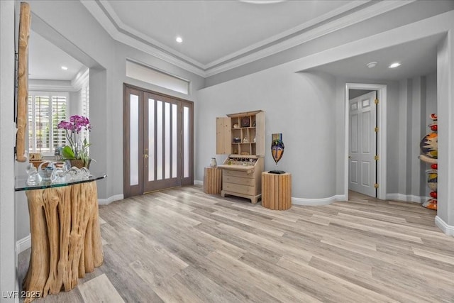 108 Valiente St, Las Vegas, NV 89144 - entrance foyer with ornamental molding, light wood-style floors, and recessed lighting