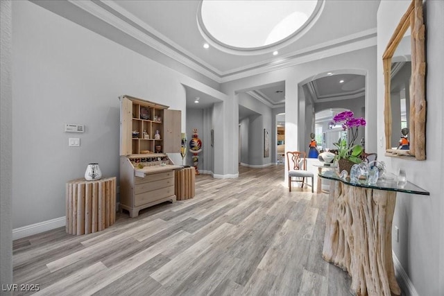 108 Valiente St, Las Vegas, NV 89144 - hallway with ornamental molding, arched walkways, light wood-type flooring, and recessed lighting