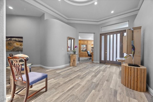 108 Valiente St, Las Vegas, NV 89144 - foyer entrance featuring ornamental molding, a towering ceiling, light wood-type flooring, and recessed lighting