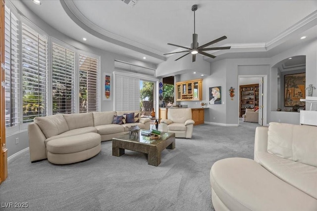 108 Valiente St, Las Vegas, NV 89144 - living area featuring light carpet, recessed lighting, a ceiling fan, crown molding, and a raised ceiling