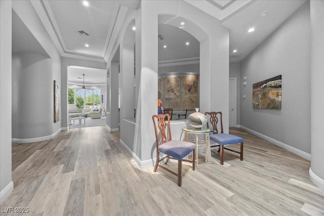 108 Valiente St, Las Vegas, NV 89144 - corridor with ornamental molding, wood finished floors, recessed lighting, and arched walkways