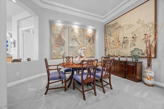 108 Valiente St, Las Vegas, NV 89144 - dining space featuring light carpet, ornamental molding, and arched walkways